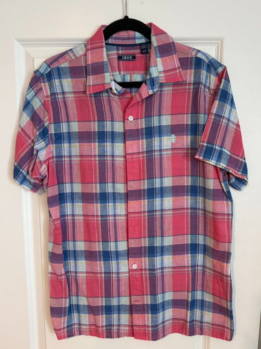 IZOD Men's Medium Pink Blue Plaid Short Sleeve Button Front Shirt M Lightweight
